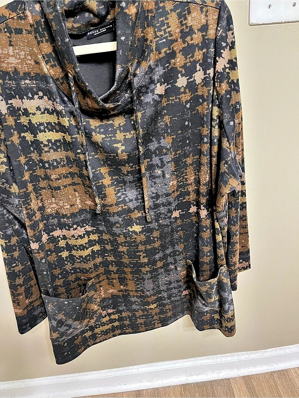 Susan Graver Abstract Cowl Neck Tunic Black & Brown 3X Like New